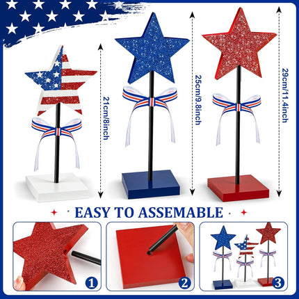 3 Pcs 4th of July Wooden Star Table Decor Patriotic Tiered Tray Decorations