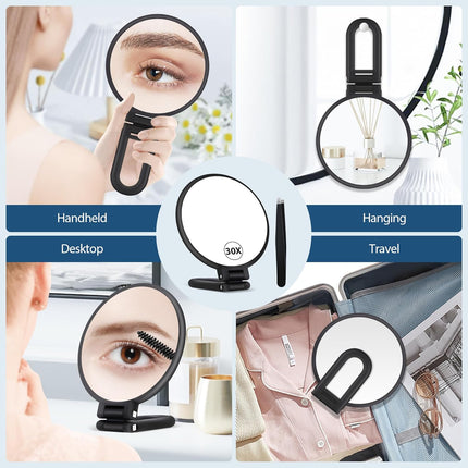 30X Magnifying Hand Mirror – Double-Sided, Foldable Makeup Mirror with Handle