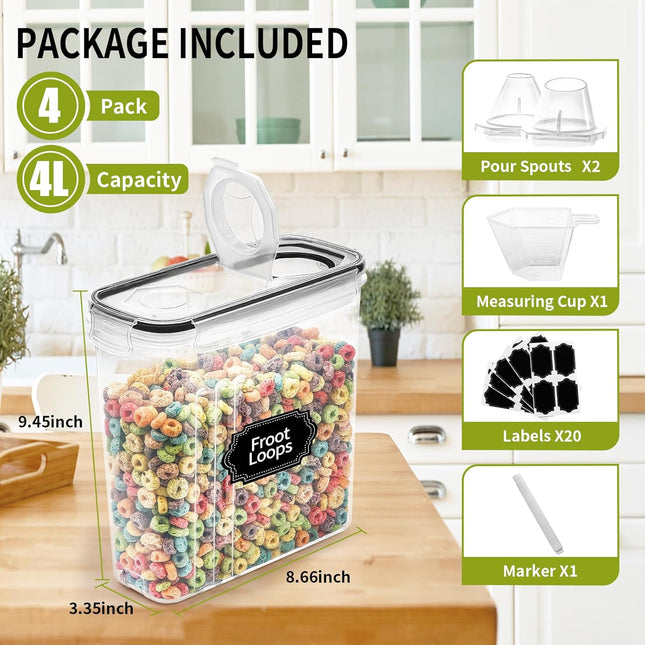 4-Pack 4L Cereal Containers – Airtight Food Storage with Pour Spout & Labels