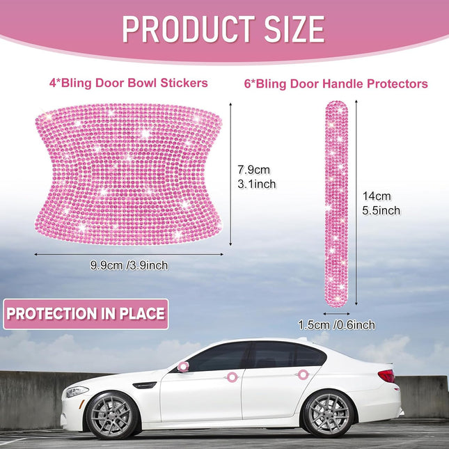 10PCS Pink Bling Car Door Handle Protectors Rhinestone Glitter Anti-Scratch Stickers