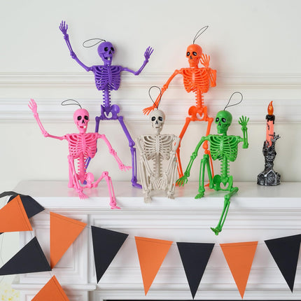 5-Piece 16in Posable Halloween Skeletons, Movable Hanging Graveyard & Yard Decor