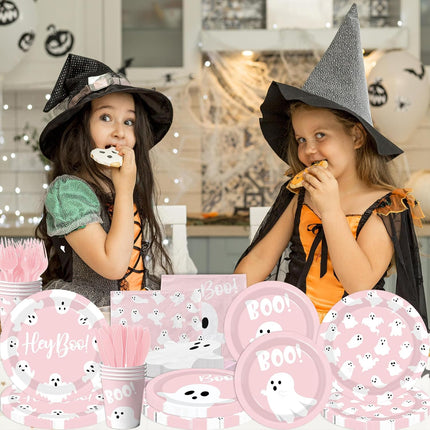 144-Piece Pink Halloween Ghost Plates & Napkins Set, Cute Boo Party Tableware