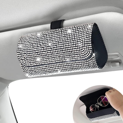 Bling Car Sunglasses Holder for Sun Visor, PU Leather Eyeglass Storage Case, White