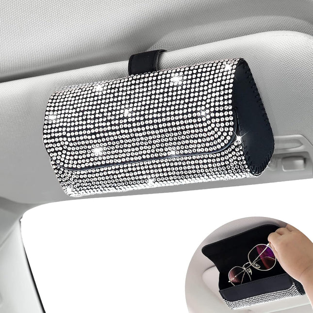 Bling Car Sunglasses Holder for Sun Visor, PU Leather Eyeglass Storage Case, White