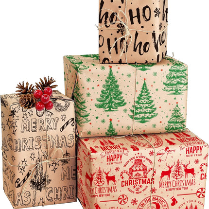 Christmas Gift Wrap Set – 8 Sheets Kraft Vintage Santa & Festive Trees