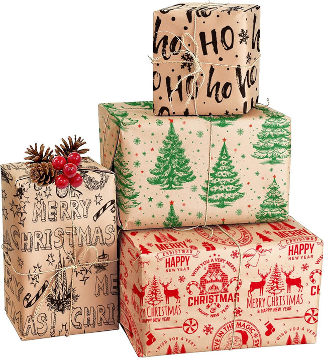 Christmas Gift Wrap Set – 8 Sheets Kraft Vintage Santa & Festive Trees