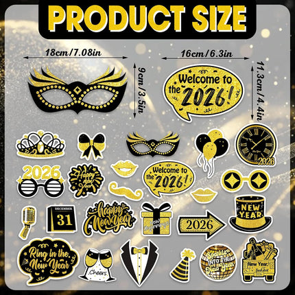 24-Piece 2026 NYE Photo Booth Props – Black & Gold Party Favor Set