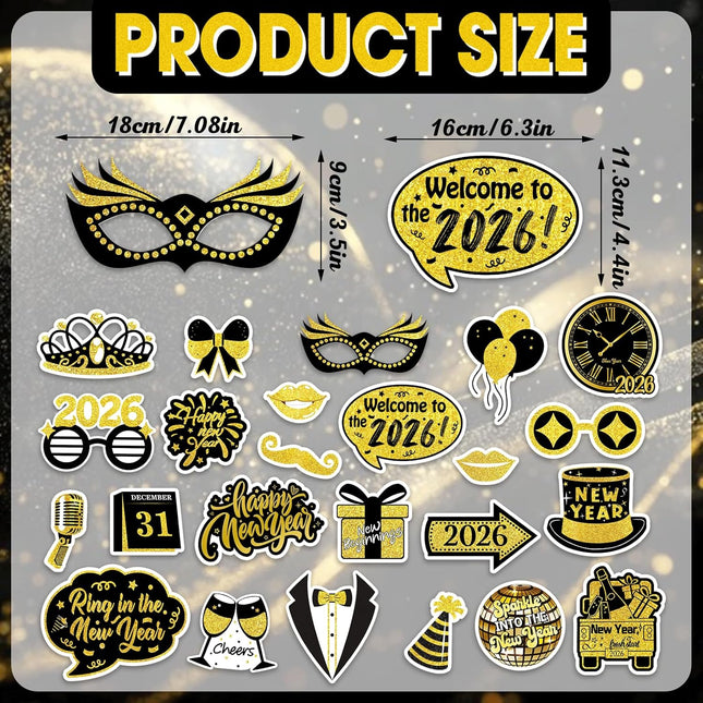 24-Piece 2026 NYE Photo Booth Props – Black & Gold Party Favor Set