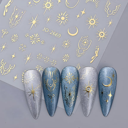 12-Sheet Silver Gold Moon Star Nail Art Stickers, 3D Self-Adhesive Decals