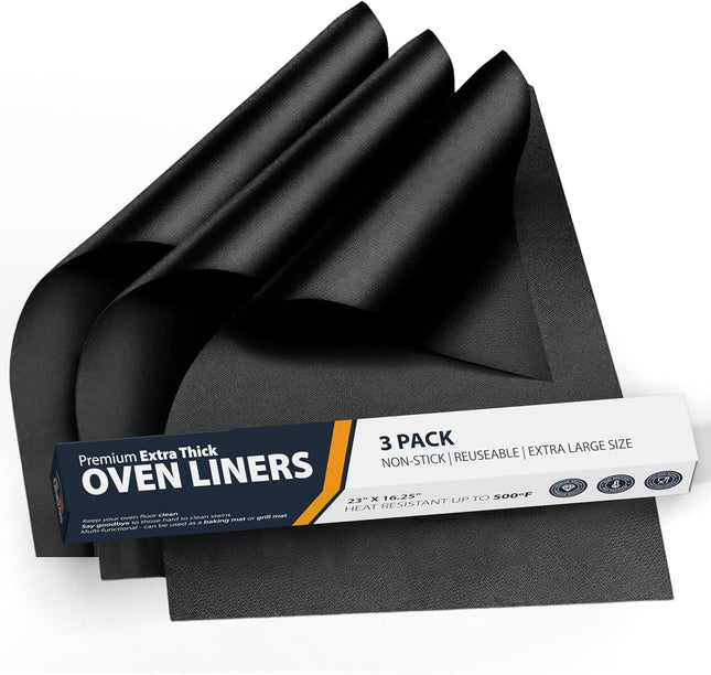 3 Pack Oven Liners 16.25x23 Inch Non Stick Reusable Bottom Mats Black