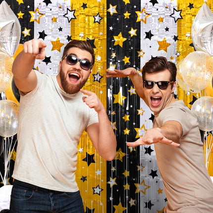 2-Piece New Year Party Backdrop – 3.3×6.6ft Foil Fringe Black, Gold, Silver