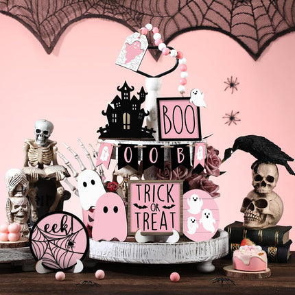 15-Piece Pink Halloween Ghost Tiered Tray Decor Set, Pastel Wooden Table Signs