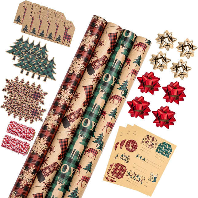 4 Rolls Christmas Wrapping Paper with Tags, Jute String & Gift Bows – 30"x10ft