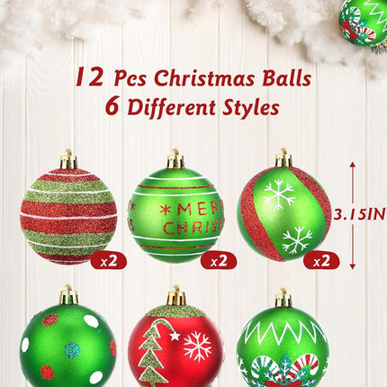12-Piece 3.15-Inch Christmas Tree Ornaments, Glittering Red & Green Elf and Peppermint Balls