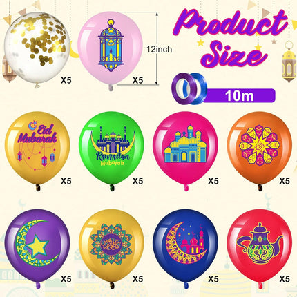 60 Pcs Ramadan Mubarak Balloons Eid Mubarak Party Decor 12" Colorful