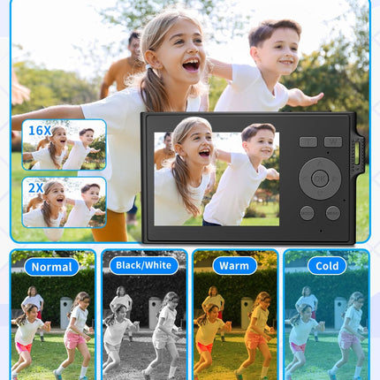 Portable Kids Camera 1080P FHD 48MP 16X Zoom Anti-Shake with SD Card