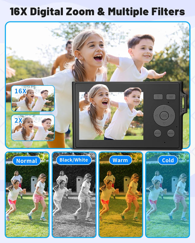 Portable Kids Camera 1080P FHD 48MP 16X Zoom Anti-Shake with SD Card