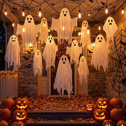 12-Piece Halloween Hanging Ghosts, 3 Sizes White Swinging Flying Ghost Yard Decor