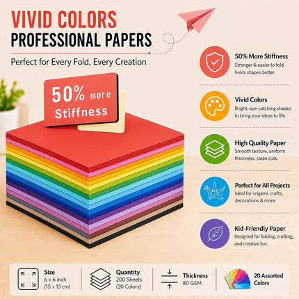 200 Sheets Origami Paper Kit, 6x6in Double-Sided Colored Paper with Guide, Kids