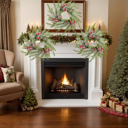 Christmas Candle Ring Wreath – Norfolk Pine with Red Berries & Snowy Pinecones