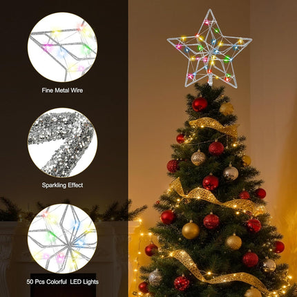 LED Christmas Tree Topper – 50 Light Silver Star with Remote & 8 Modes