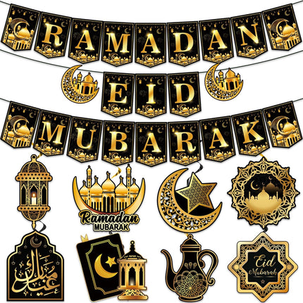 Ramadan & Eid Mubarak 2-in-1 Decoration Set – Banners & Hanging Swirls