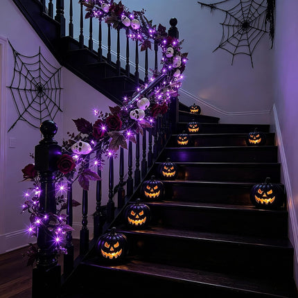 6FT Gothic Halloween Garland with Purple Lights, Skulls, Roses & Pumpkins Decor