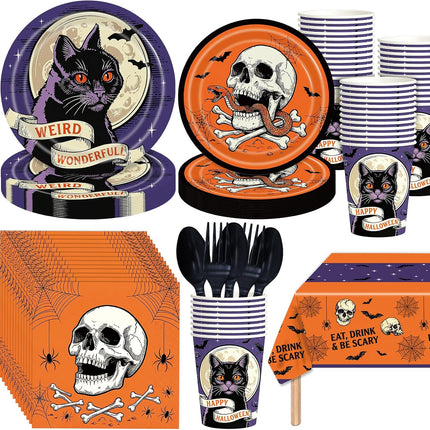145-Piece Halloween Tableware Set, Black Cat Skull Plates, Cups, Napkins & Tablecloth