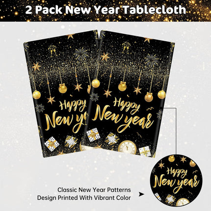2 Pcs Happy New Year 2026 Tablecloth Black Gold Disposable Party Decor