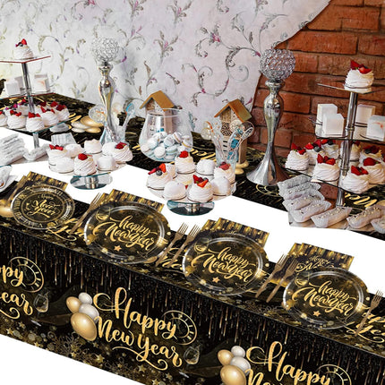 51 PCS New Year 2026 Dinnerware Set Black Gold Plates Napkins Forks Tablecloth