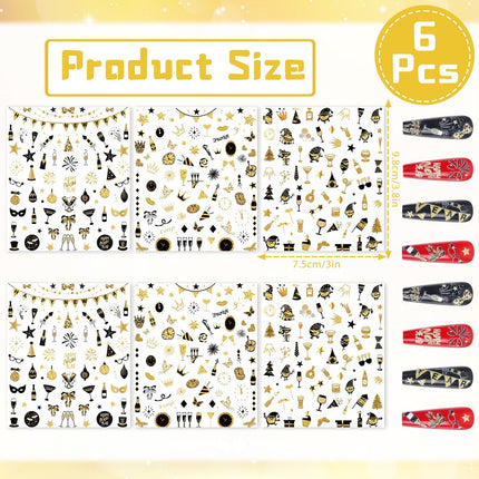6 PCS New Year 2025 Nail Decals Glitter Gold Fireworks Manicure Stickers
