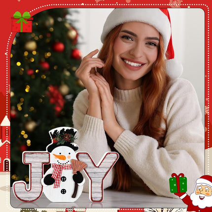 Wooden Snowman JOY Block Christmas Tabletop Decor for Home, Mantel & Winter Display