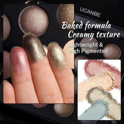 16-Color Baked Eyeshadow Palette, Nude Matte Glitter Metallic Shimmer, Long-Lasting Makeup