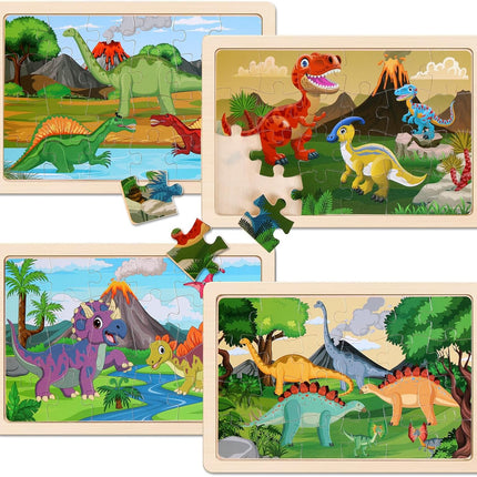 Wooden Dinosaur Puzzles – 4-Pack, 20 Pieces, Educational Toy for Kids 3-6
