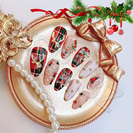 24PCS Christmas Fake Nails – Luxury Handmade Press-On Nails with 3D Bow, Elk & Rhinestone Charms