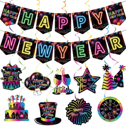 Happy New Year 2026 Decorations – Colorful Banner & Hanging Swirls Party Set