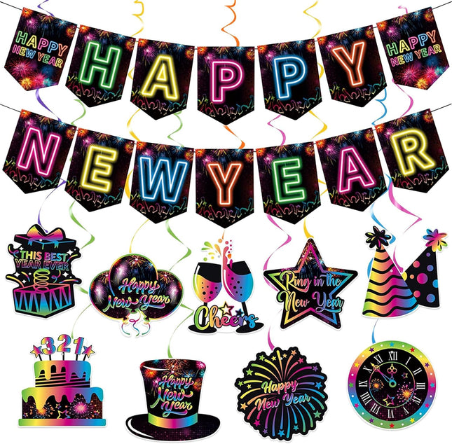 Happy New Year 2026 Decorations – Colorful Banner & Hanging Swirls Party Set