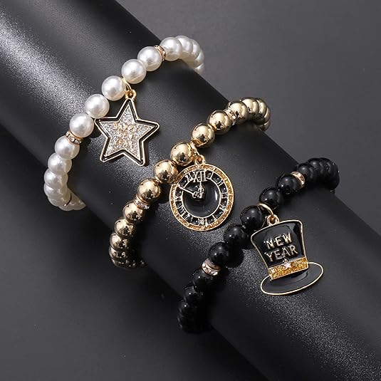 Happy New Year Charm Bracelets – Pearl Beaded NYE Party Gifts for Women