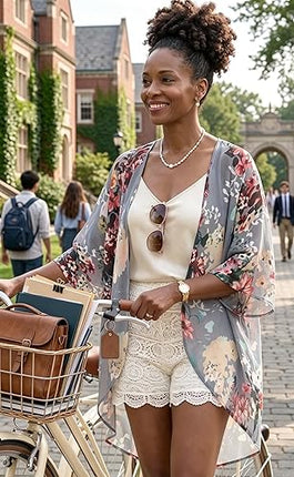 Women's Floral Print Puff Sleeve Kimono Cardigan Loose Casual Cover Up Blouse Top 2026
