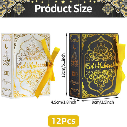 12 Pcs Ramadan Eid Mubarak Favor Boxes – Square Candy Boxes with Golden Ribbon