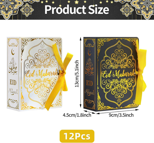 12 Pcs Ramadan Eid Mubarak Favor Boxes – Square Candy Boxes with Golden Ribbon