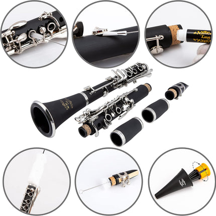 GLY-PBK Ebonite Bb Clarinet – 10 Reeds, Stand, Case, Cleaning Cloth & Accessories