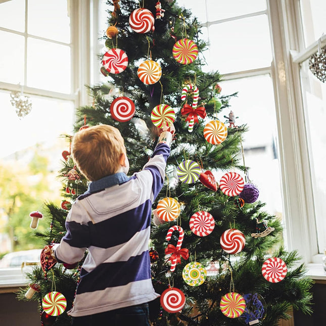 33 Christmas Tree Ornaments, Colorful Candy Canes, Lollipops, and Peppermint Decorations