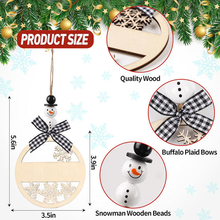 12PCS Christmas Hanging Wooden Name Tags – Snowman, Wooden Beads & Hollow Snowflake with Bows