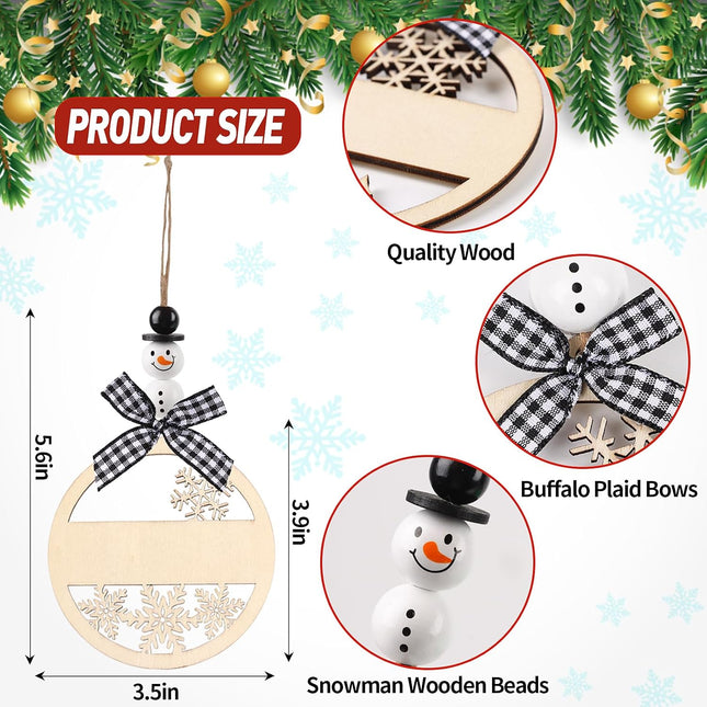12PCS Christmas Hanging Wooden Name Tags – Snowman, Wooden Beads & Hollow Snowflake with Bows