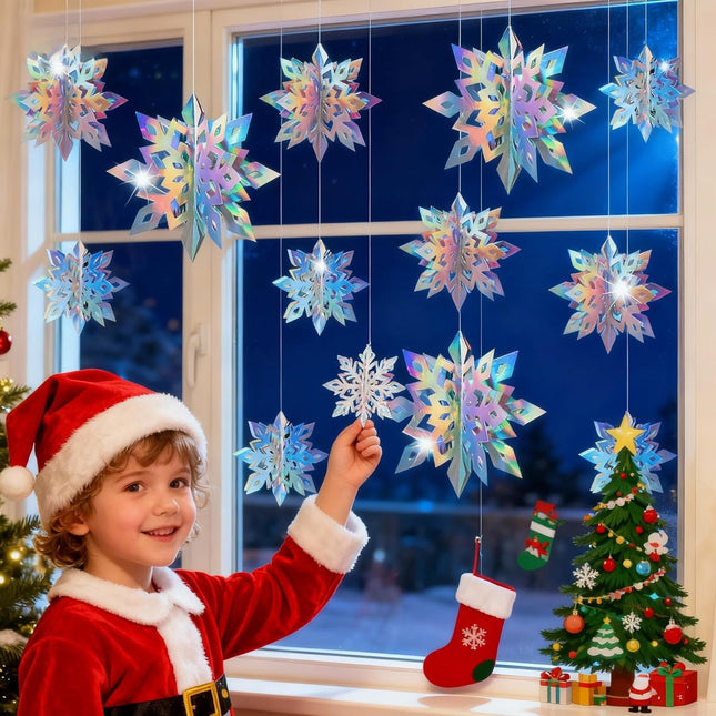 18-Piece Christmas Hanging Snowflakes: 3D Holographic Paper Snowflake Decorations