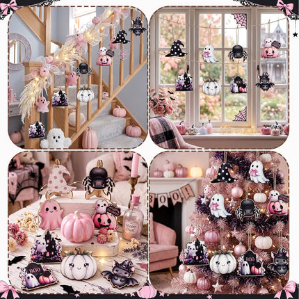 8-Piece Pink Halloween Wooden Ornaments, Ghost Pumpkin Bat Spider Witch Hat Decor