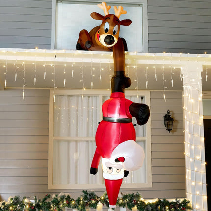 8FT LED Hanging Christmas Inflatable – Santa Climbing with Reindeer Decor