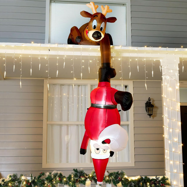 8FT LED Hanging Christmas Inflatable – Santa Climbing with Reindeer Decor