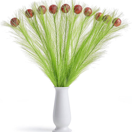 10PCS Christmas Tree Toppers 17.5 Inch Green Picks with Red Glitter Balls